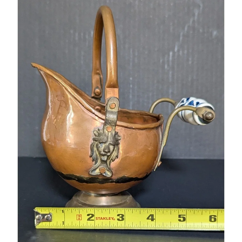 Vintage MCM Copper & Brass Coal Scuttle Lion Mounts Delft-Style Ceramic Handle